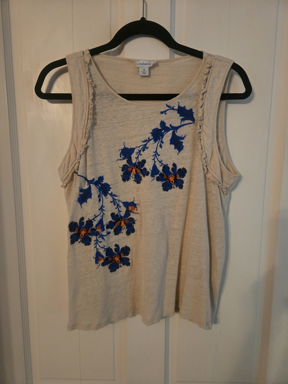 Sundance Cream Tank Top with Blue & Orange Floral Embroidery Size M